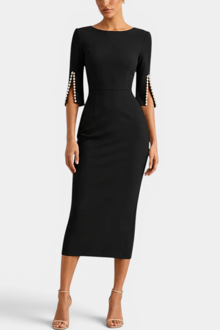Reece Robe Midi Fourreau Col Rond & Manches Fendues Ornées de Perles