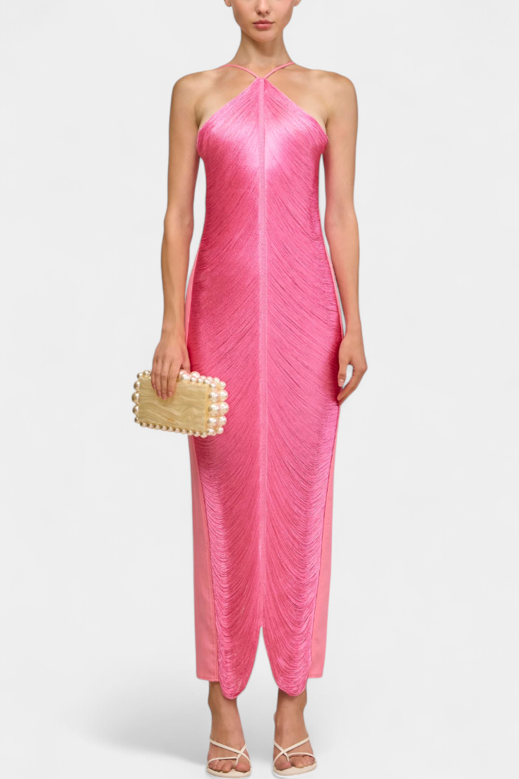 Jianna Robe Halter à Franges Dorées et Dos Nu Sophistiqué