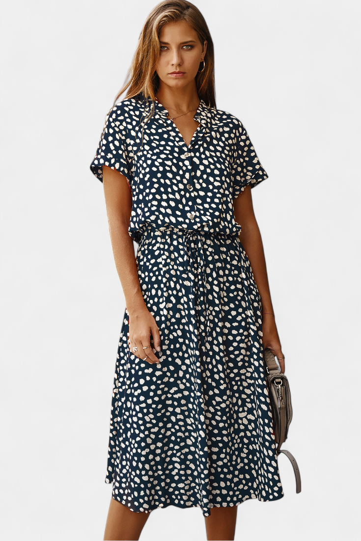 Robe Midi à Pois Rovena avec Col Chemisier et Taille Réglable