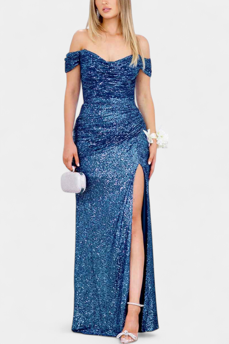 Ariel Robe Sirène Off-Shoulder à Corset Froncé et Fente Haute