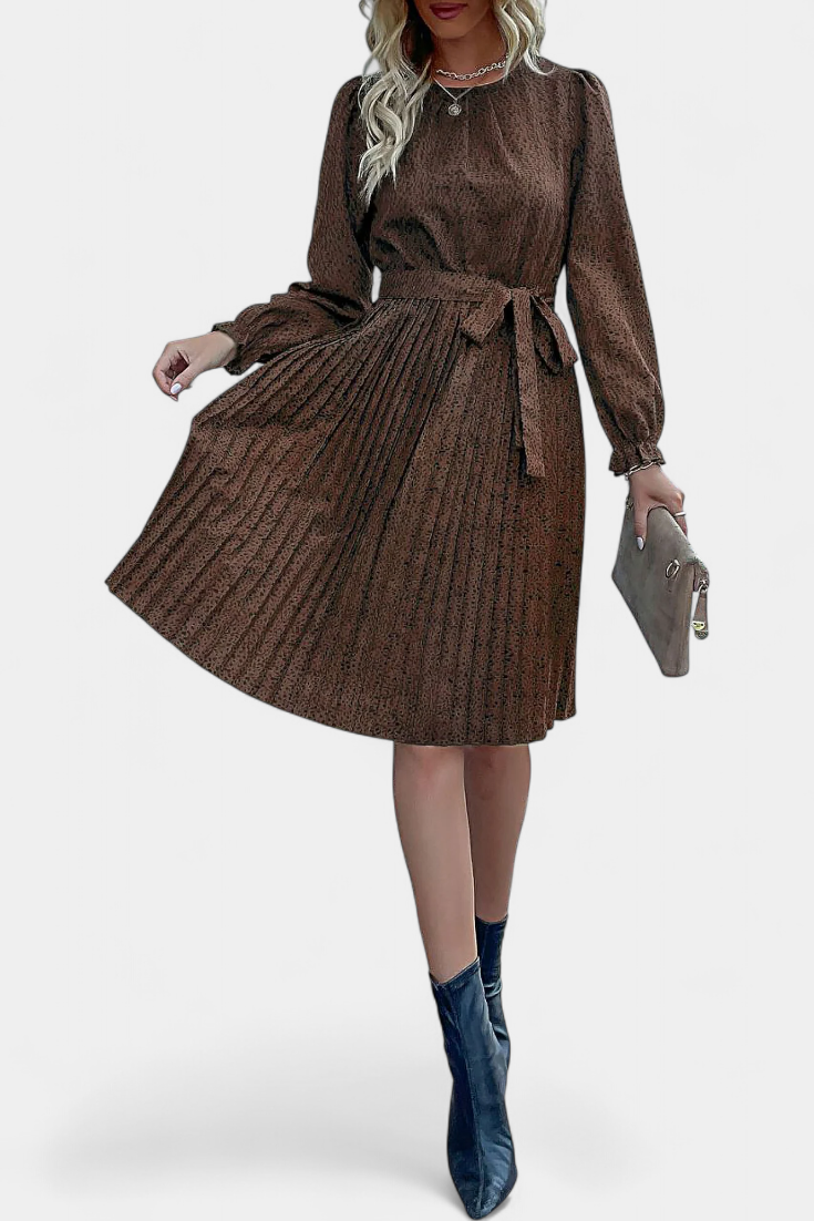 Evabeth Robe Léopard Plissée à Manches Longues