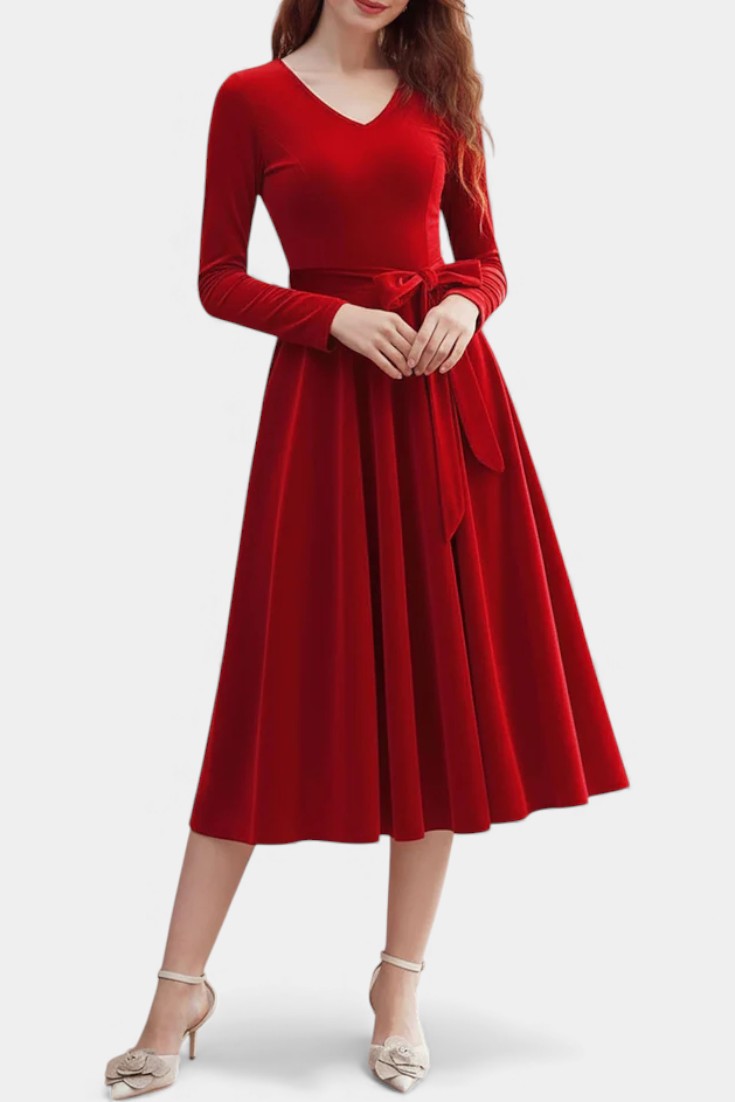 Almena Robe Midi en Velours à Col V Festive et Élégante