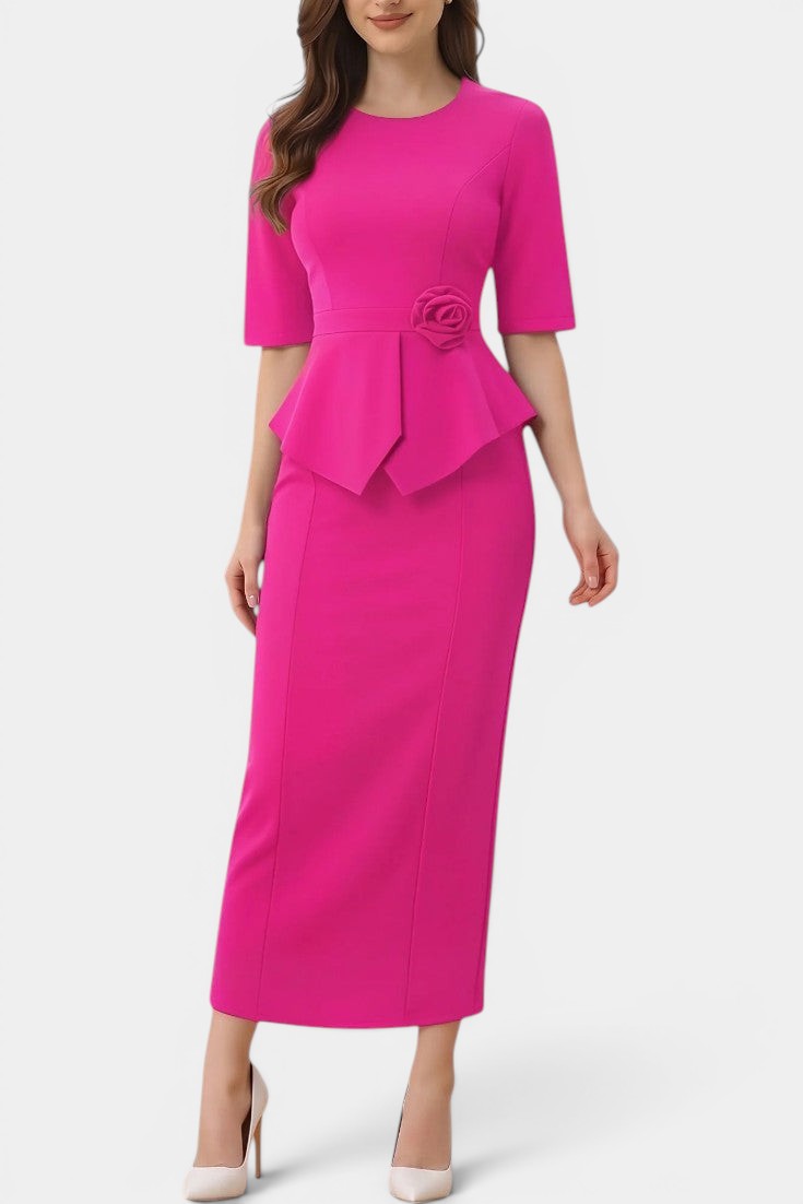 Augustine - Robe Longue Péplum Fleur & Jupe Fourreau