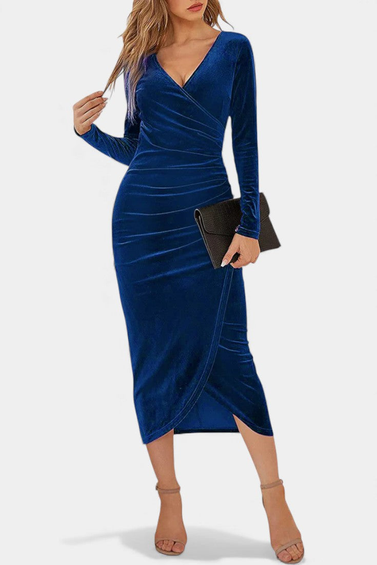 Kenza Robe Midi Cocktail en Velours Froncé