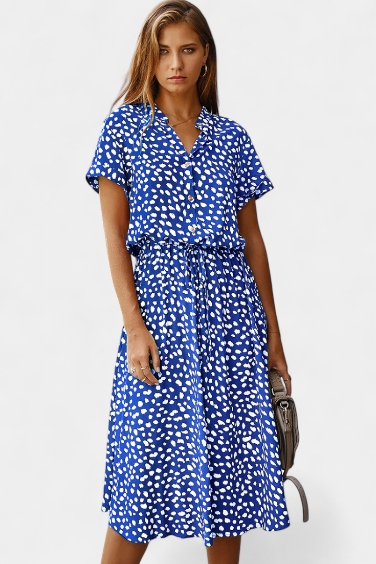 Robe Midi à Pois Rovena avec Col Chemisier et Taille Réglable