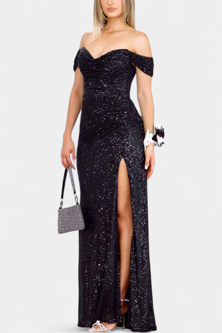 Ariel Robe Sirène Off-Shoulder à Corset Froncé et Fente Haute