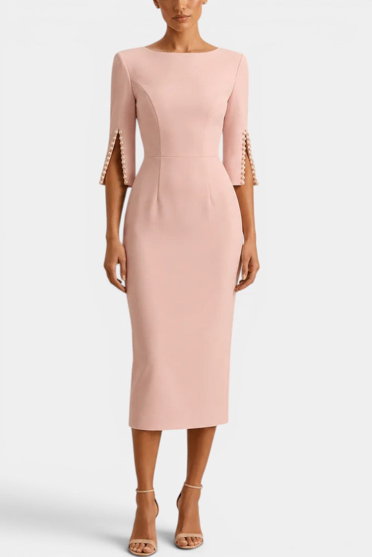 Reece Robe Midi Fourreau Col Rond & Manches Fendues Ornées de Perles
