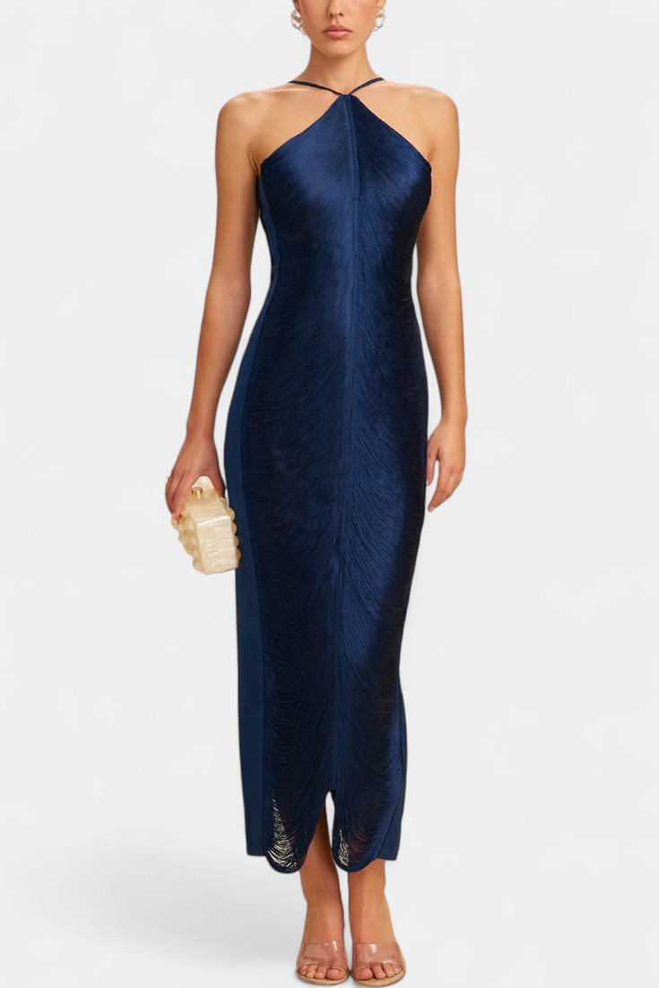 Jianna Robe Halter à Franges Dorées et Dos Nu Sophistiqué