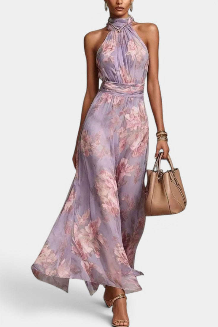 Oriane Robe Maxi Chiffon Imprimé Floral Col Halter Froncé & Dos Nu