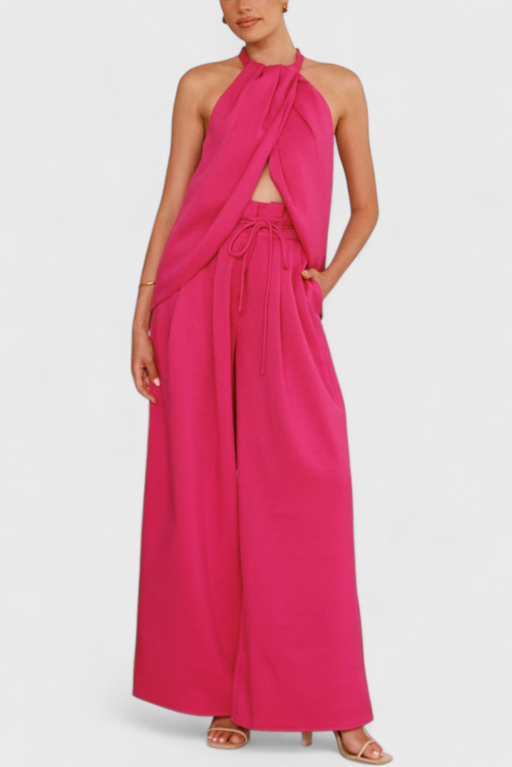 Ensemble en Lin Bernadina avec Top à Décolleté Avant et Pantalon à Jambes Amples