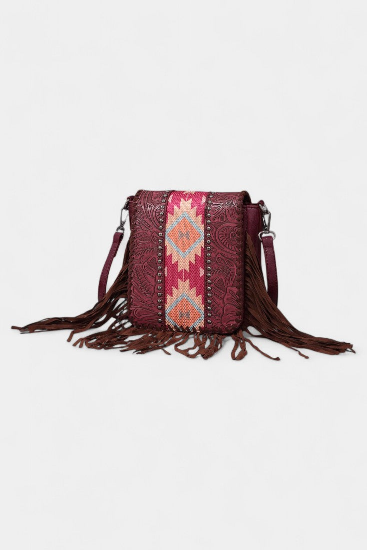 Sac à Bandoulière Structuré à Franges et Motif Floral Embossé