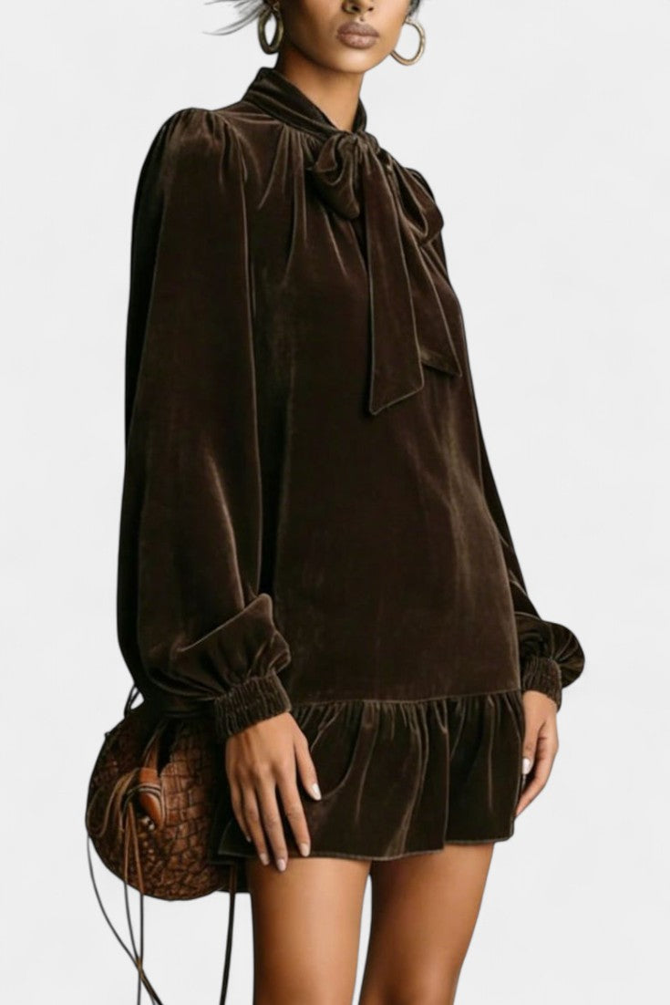 Albertine Robe Mini en Velours Ample avec Col Nœud Papillon