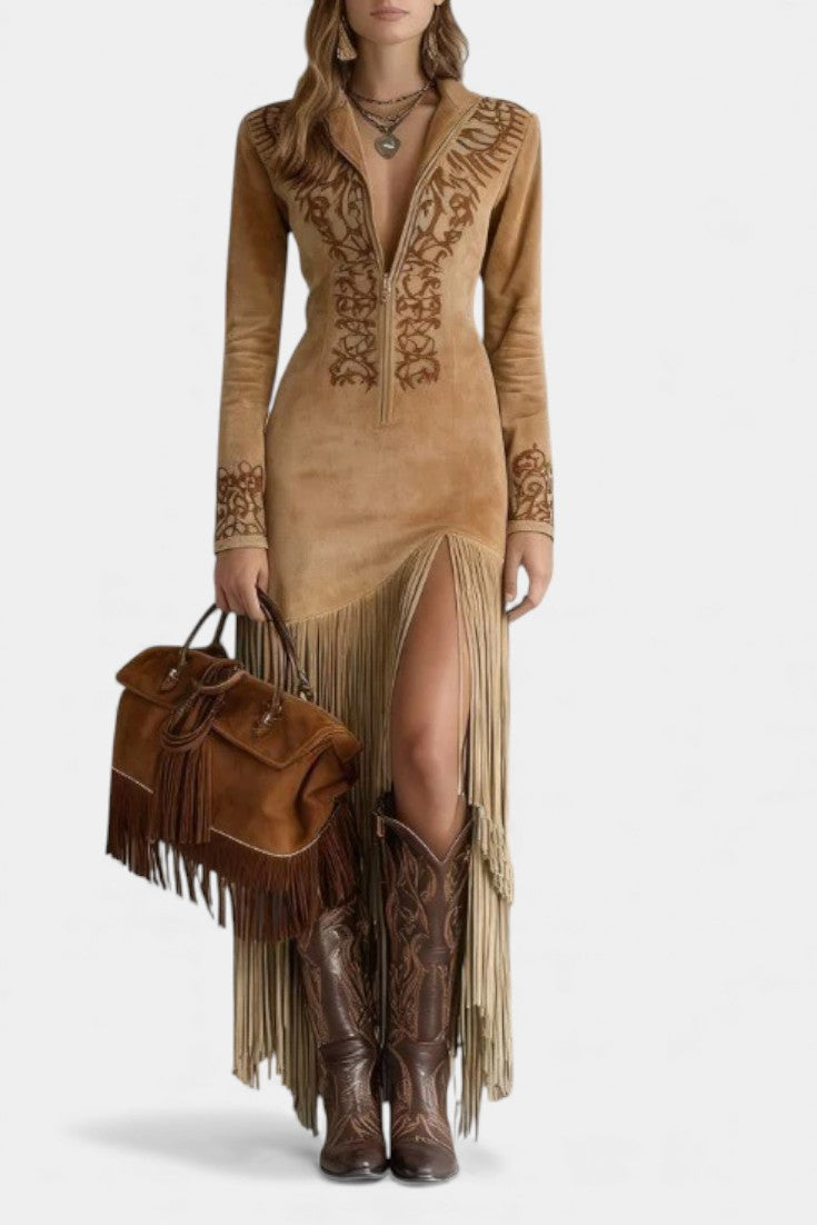 Lieselotte Robe Maxi en Suède Synthétique Brodée à Col Zippé