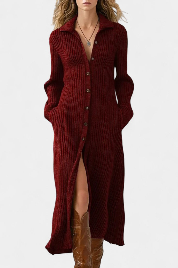 Thea Robe Longue en Maille à Col Chemise