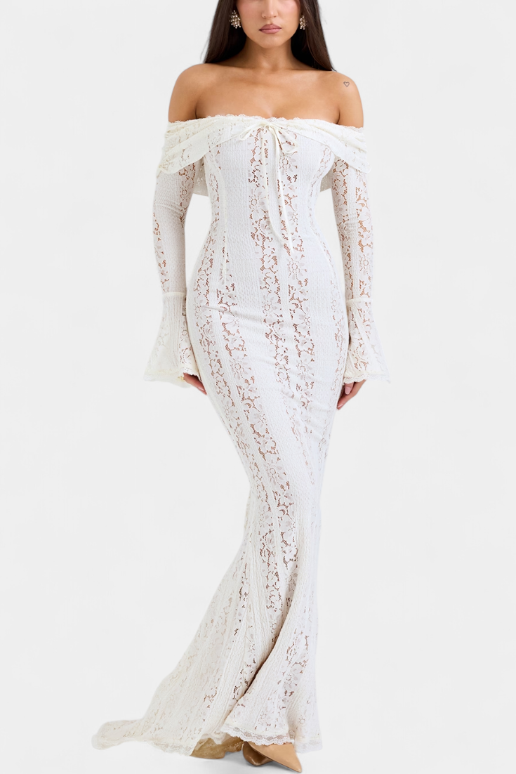 Rosalie Robe Taille Haute en Dentelle Off-Shoulder et Manches Évasées