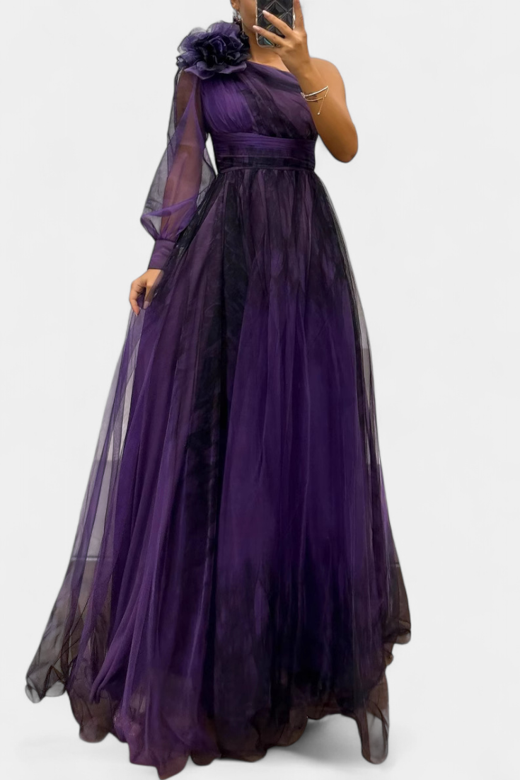 Becca Robe Longue Asymétrique en Chiffon à Fleur Structurée