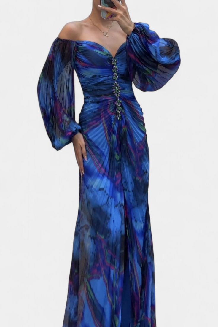 Quintessa Robe de Soirée Off-Shoulder Plissée à Manches Bouffantes