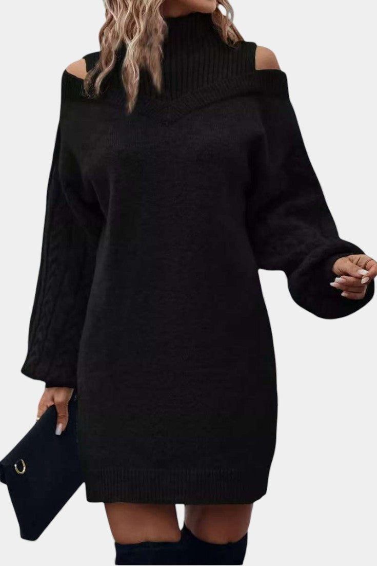 Léonisse Robe Pull Mini à Épaules Dégagées et Col Montant