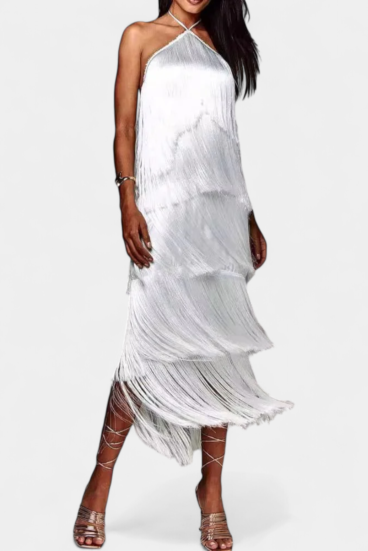 Saidey Robe Halter à Franges en Cascade et Dos Nu