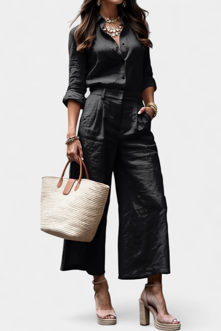 Sabina Ensemble Décontracté à Chemise Fluide et Pantalon Capri