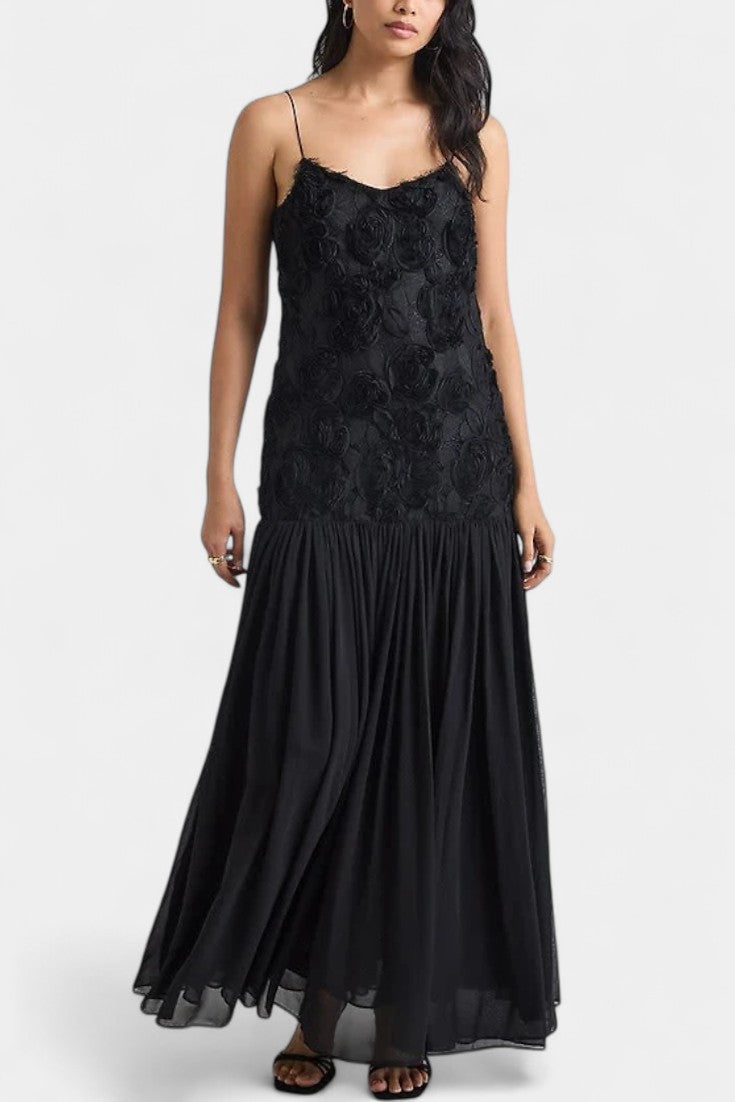 Palmita Robe Longue à Bodice Floral en Relief et Jupe en Mousseline