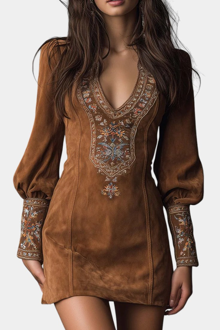 Anceline Robe Mini en Suédine Imprimée en 3D d’Esprit Vintage