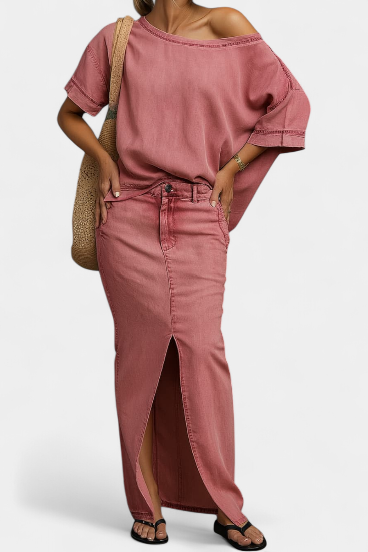 Apolonia Ensemble Asymétrique en Denim Structuré et Jupe Longue