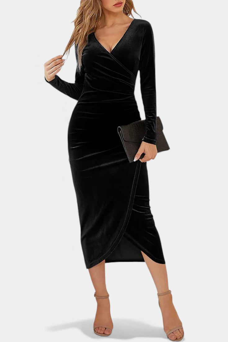 Kenza Robe Midi Cocktail en Velours Froncé
