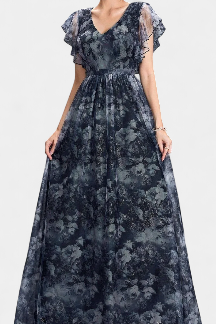 Mariana Robe en Chiffon à Décolleté V et Manches à Volants avec Imprimé Floral