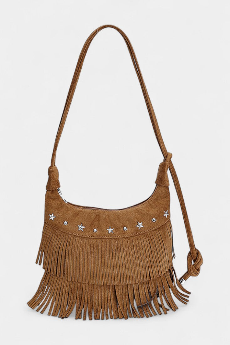 Nayden Sac en Daim Marron à Franges et Détails Métalliques