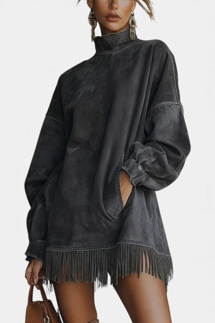 Élanaïs Robe Pull Oversize en Suédine avec Ourlet Frangé