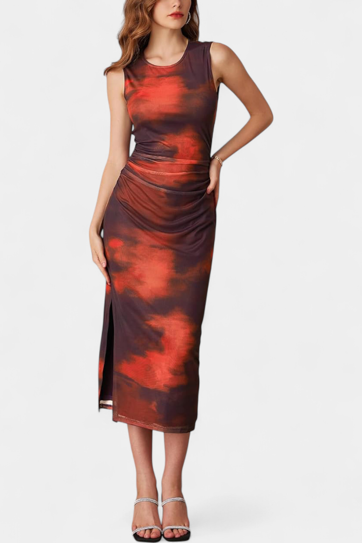 Helaia Robe Longue Imprimé Artistique à Fente Élégante