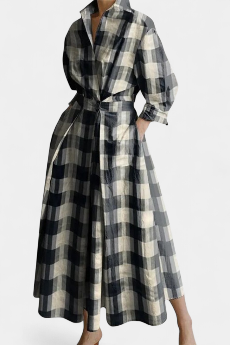 Celina Robe à Col Revers Structuré et Taille Cintrée