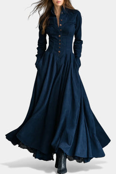 Marie Robe Longue en Suédine avec Col Chemise et Dentelle