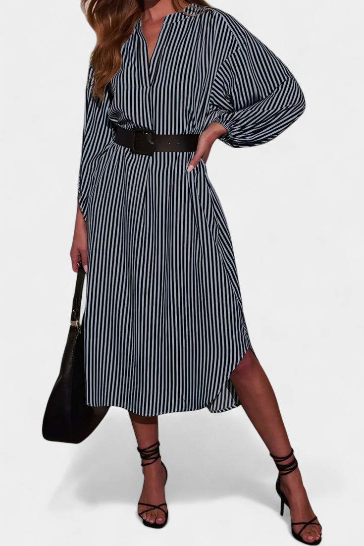 Eliana Robe à Rayures Verticales avec Ceinture et Col en V