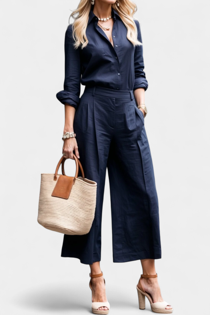 Sabina Ensemble Décontracté à Chemise Fluide et Pantalon Capri