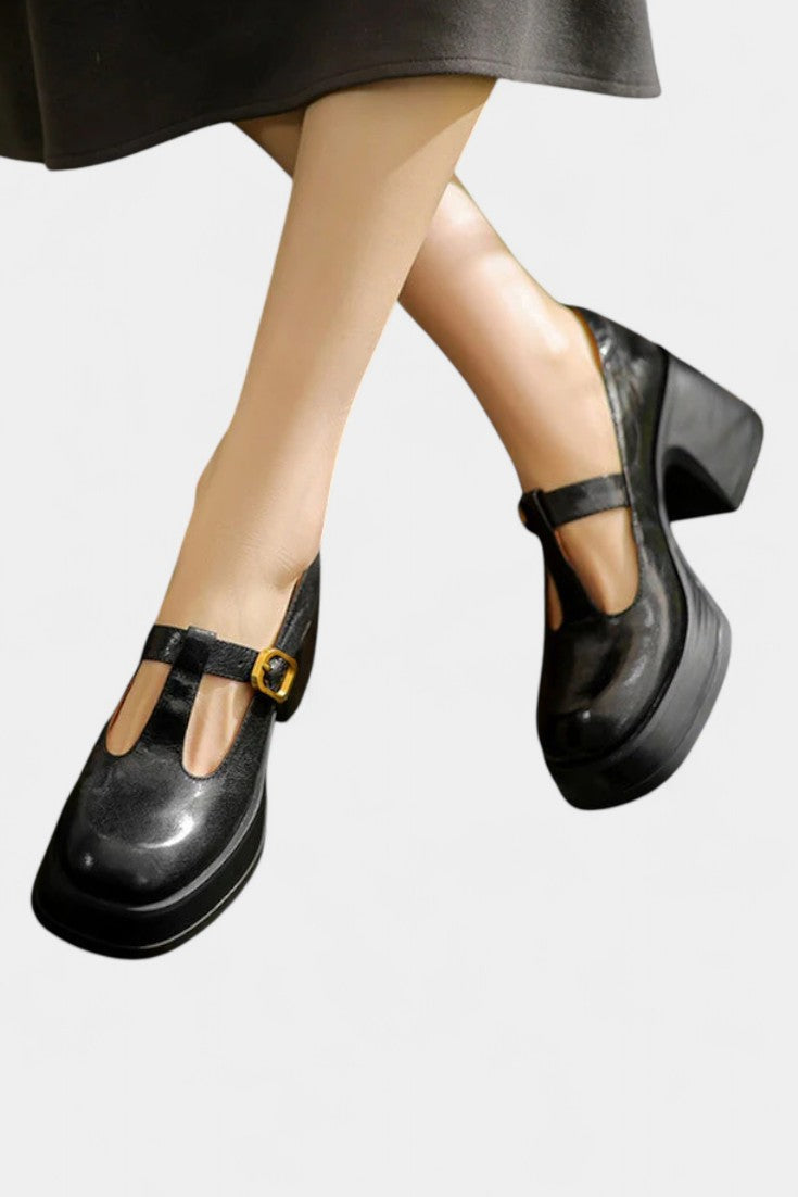 Ciala Mary Janes à Plateforme en Cuir Fait Main et Talon Carré