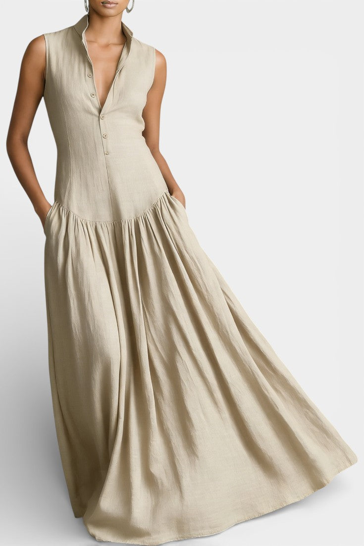 Rylee Robe Longue Sans Manches en Lin Mélangé Minimaliste