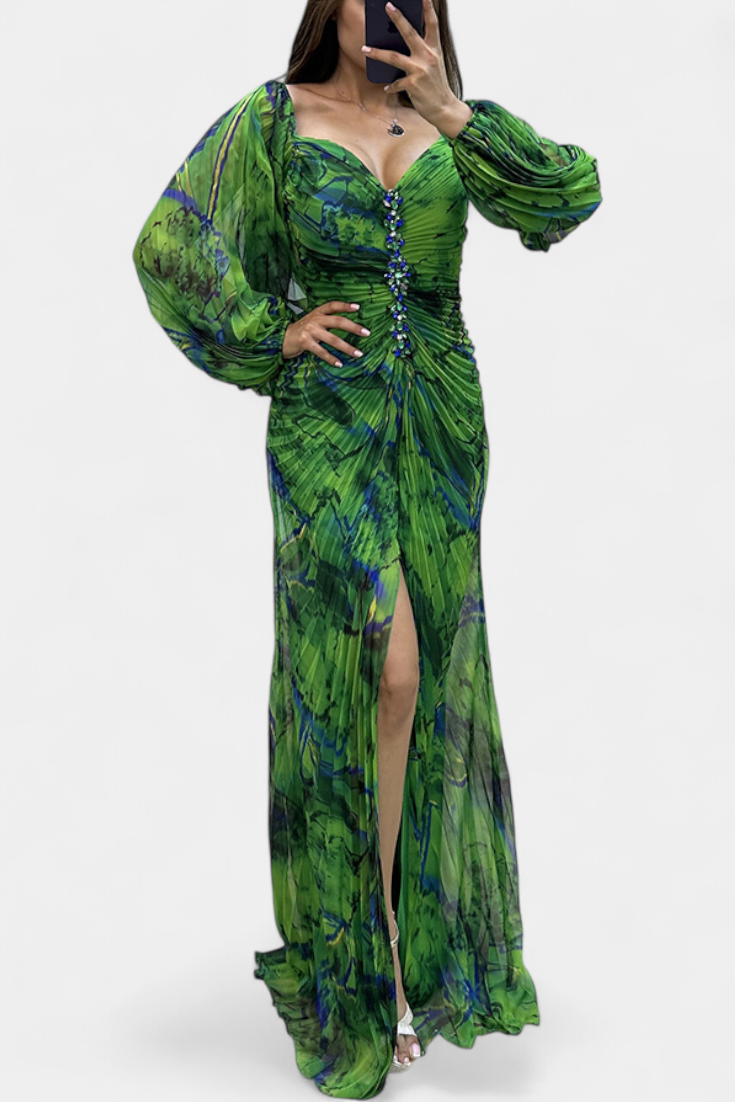 Quintessa Robe de Soirée Off-Shoulder Plissée à Manches Bouffantes