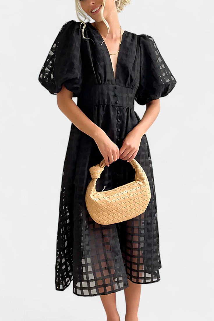 Marigold Robe Midi à Manches Bouffantes et Motif à Carreaux