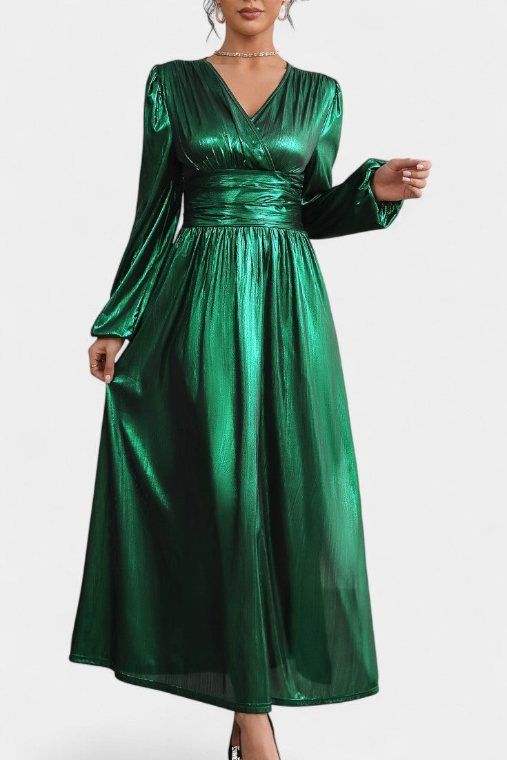 Faelyn Robe Plissée Brillante à Décolleté en V et Silhouette Fluide