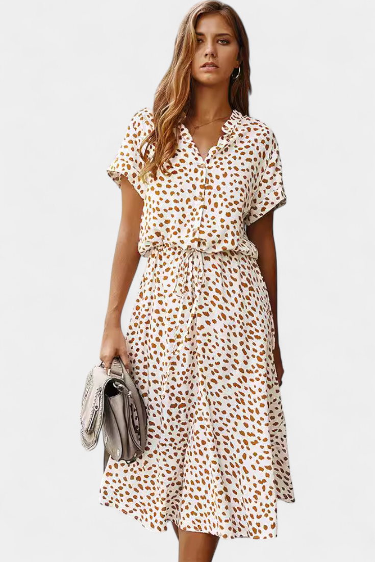 Robe Midi à Pois Rovena avec Col Chemisier et Taille Réglable