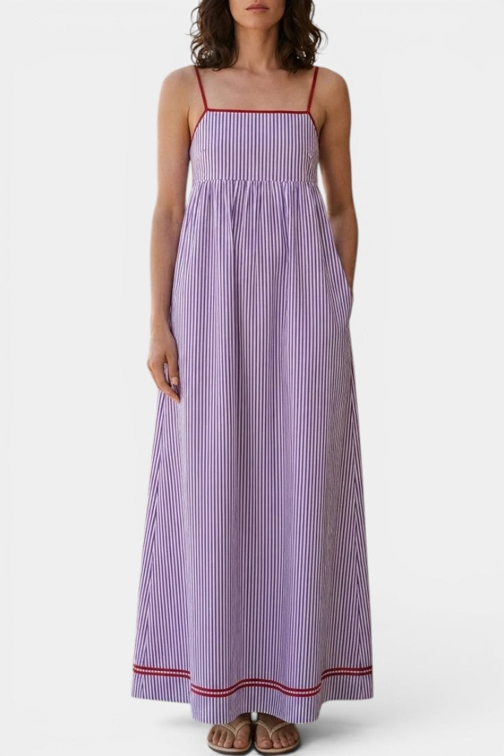 Briallen - Robe Longue Rayée Bretelles Fines Col Carré Poches