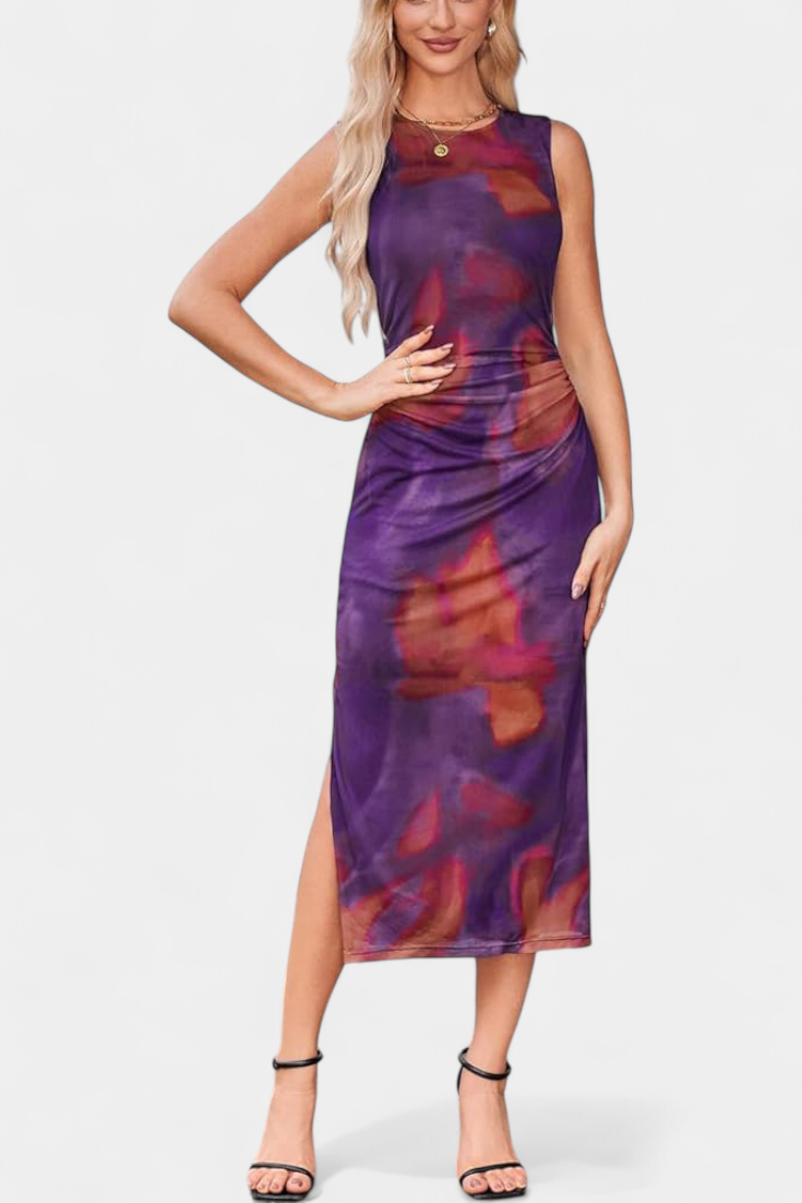 Helaia Robe Longue Imprimé Artistique à Fente Élégante