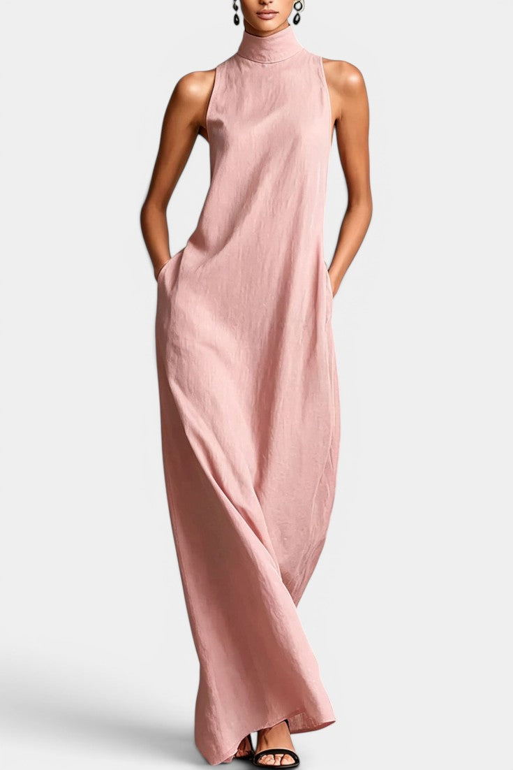 Lexane Robe Longue Lin Col Montant Sans Manches Coupe Droite Ample Poches