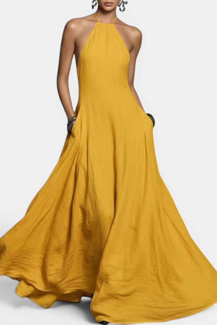 Narcissa Robe Maxi Gaze Col Halter Lacé Dos Nu Jupe Évasée