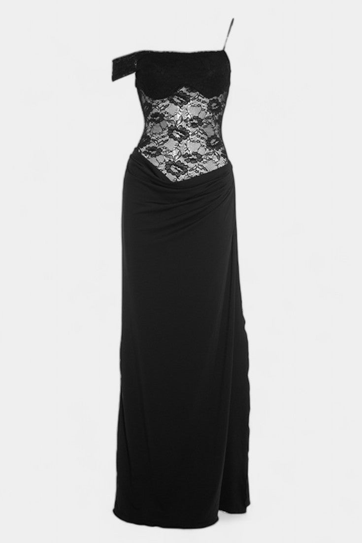 Castanza Robe Fluide en Dentelle avec Ourlet Asymétrique