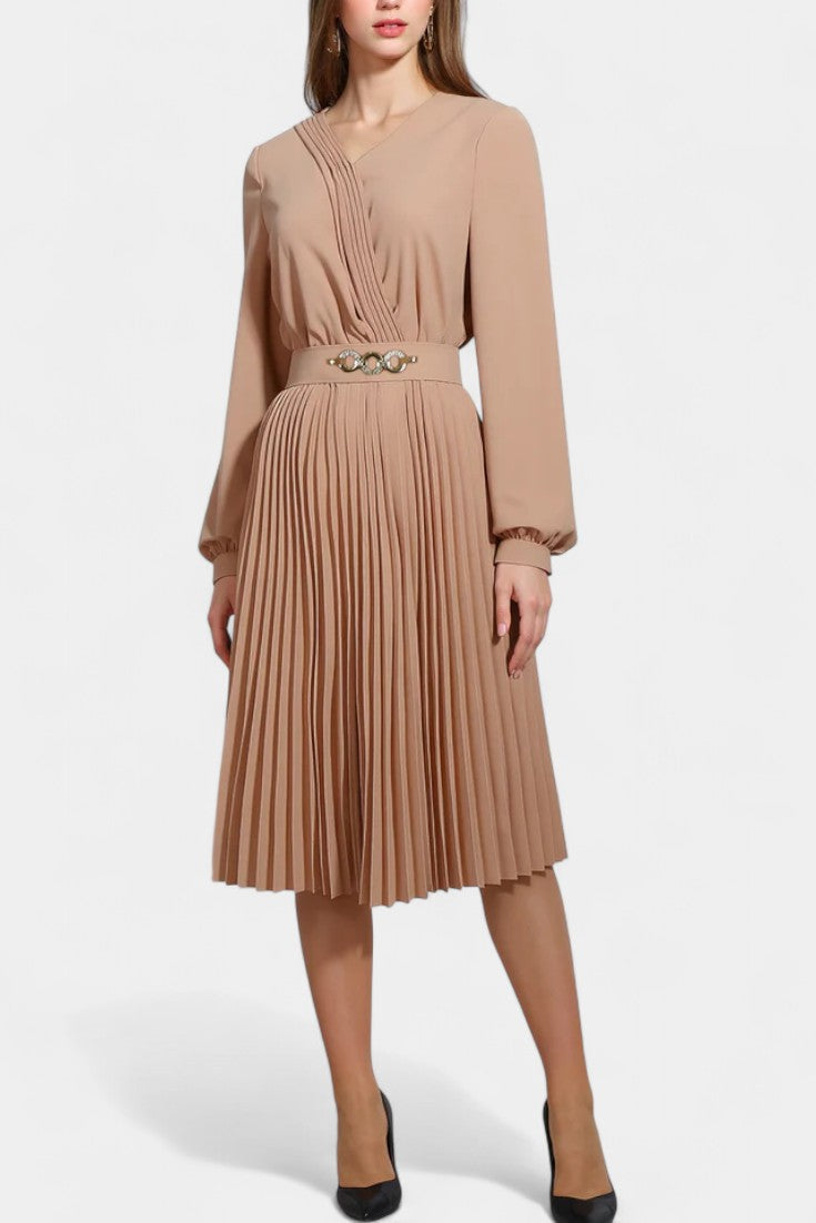 Lucie Robe Midi Plissée à Manches Longues et Ceinture