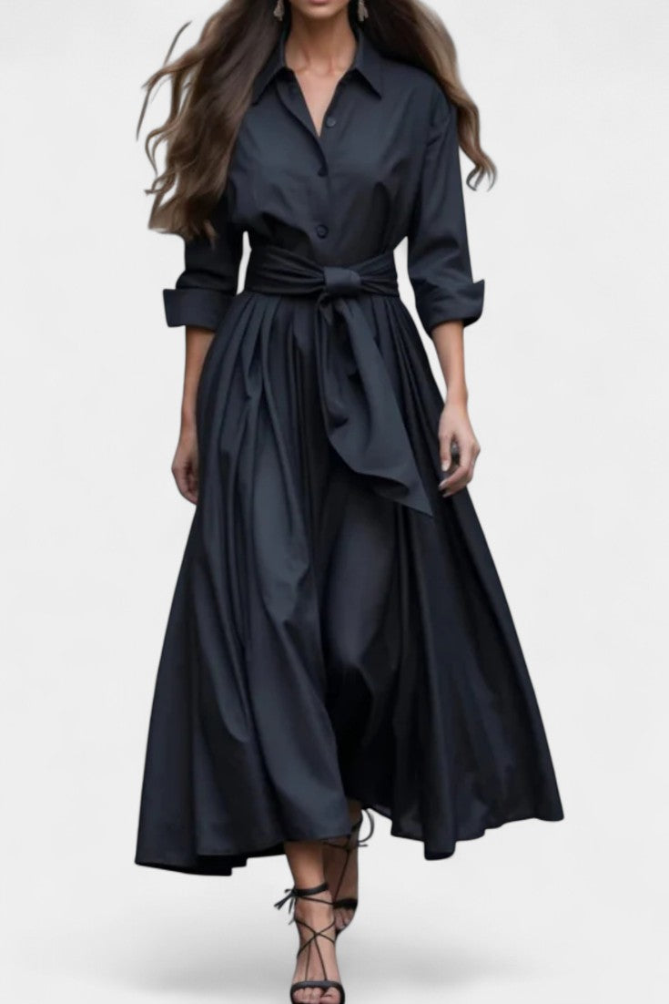 Lioren Robe Chemise en Sergé de Coton avec Nœud à la Taille