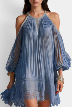 Esperanza - Vestido Corto Plisado Hombros Descubiertos Encaje